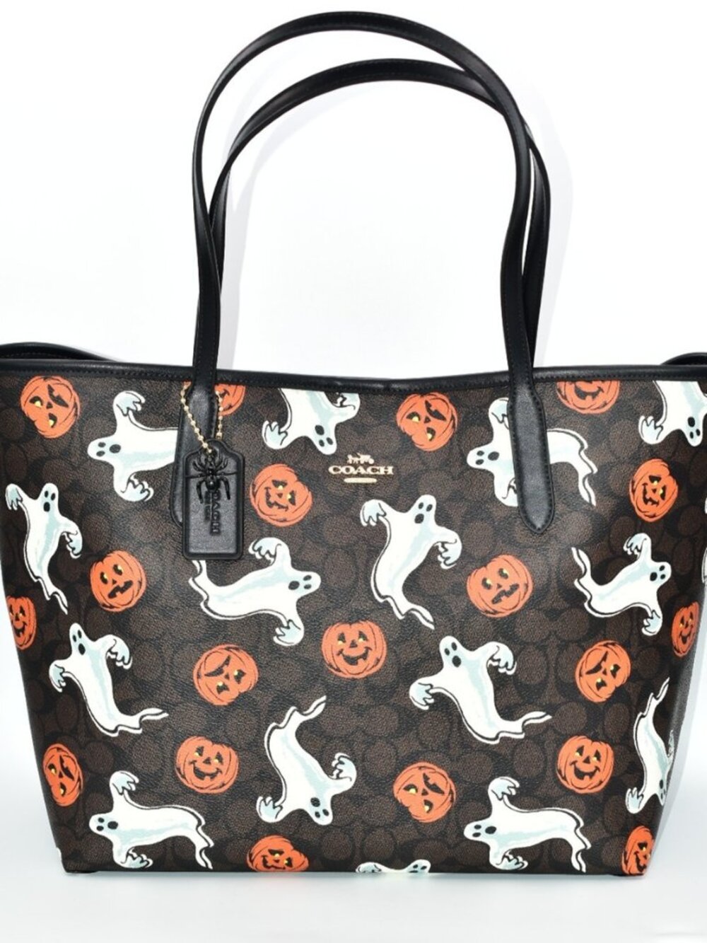 NWT Coach City Tote Bag With Pumpkin Halloween Print CCE69 In Walnut Black